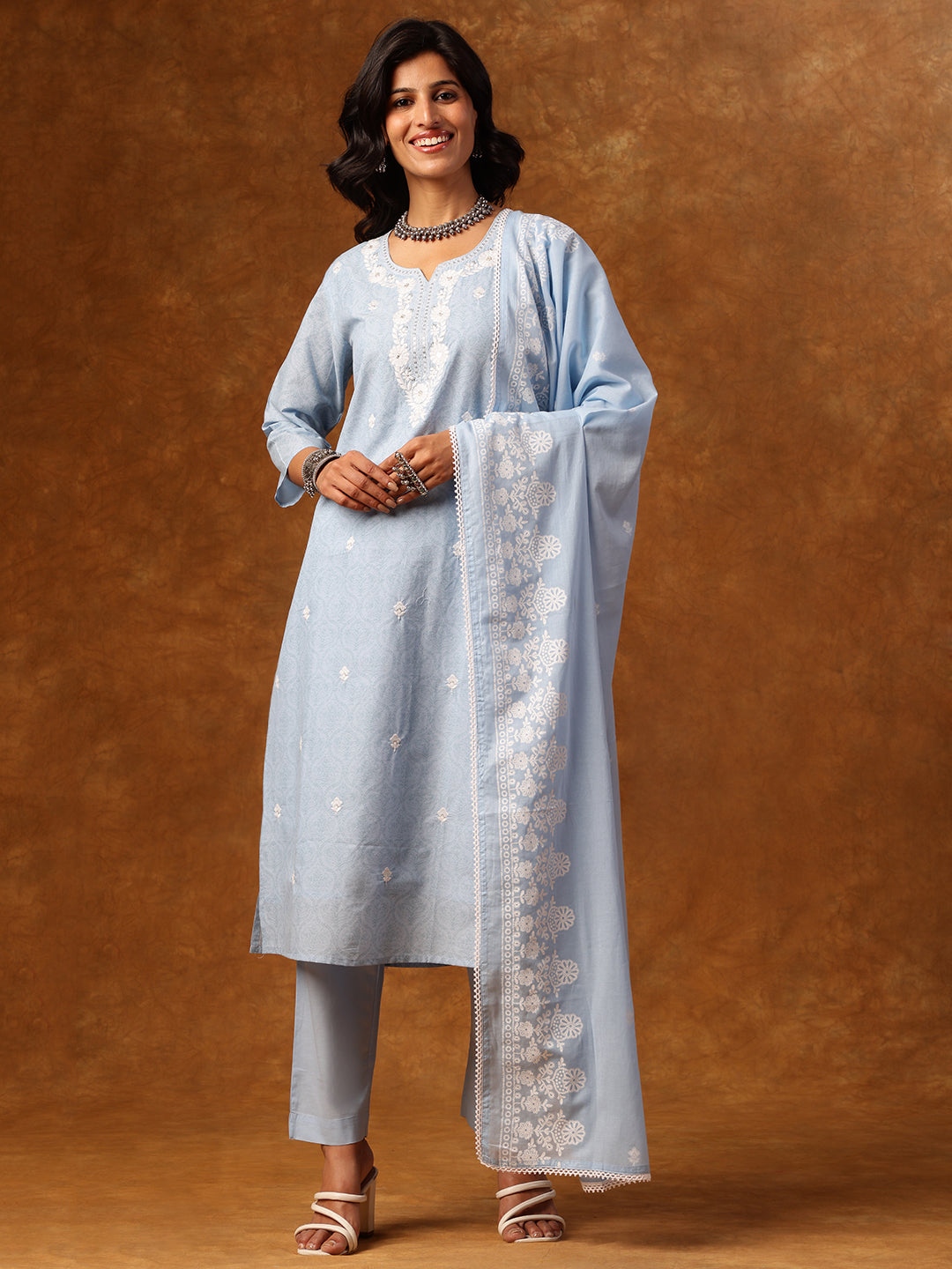 Elegant Sky-Blue Embroidered Cotton Salwar Suit Set