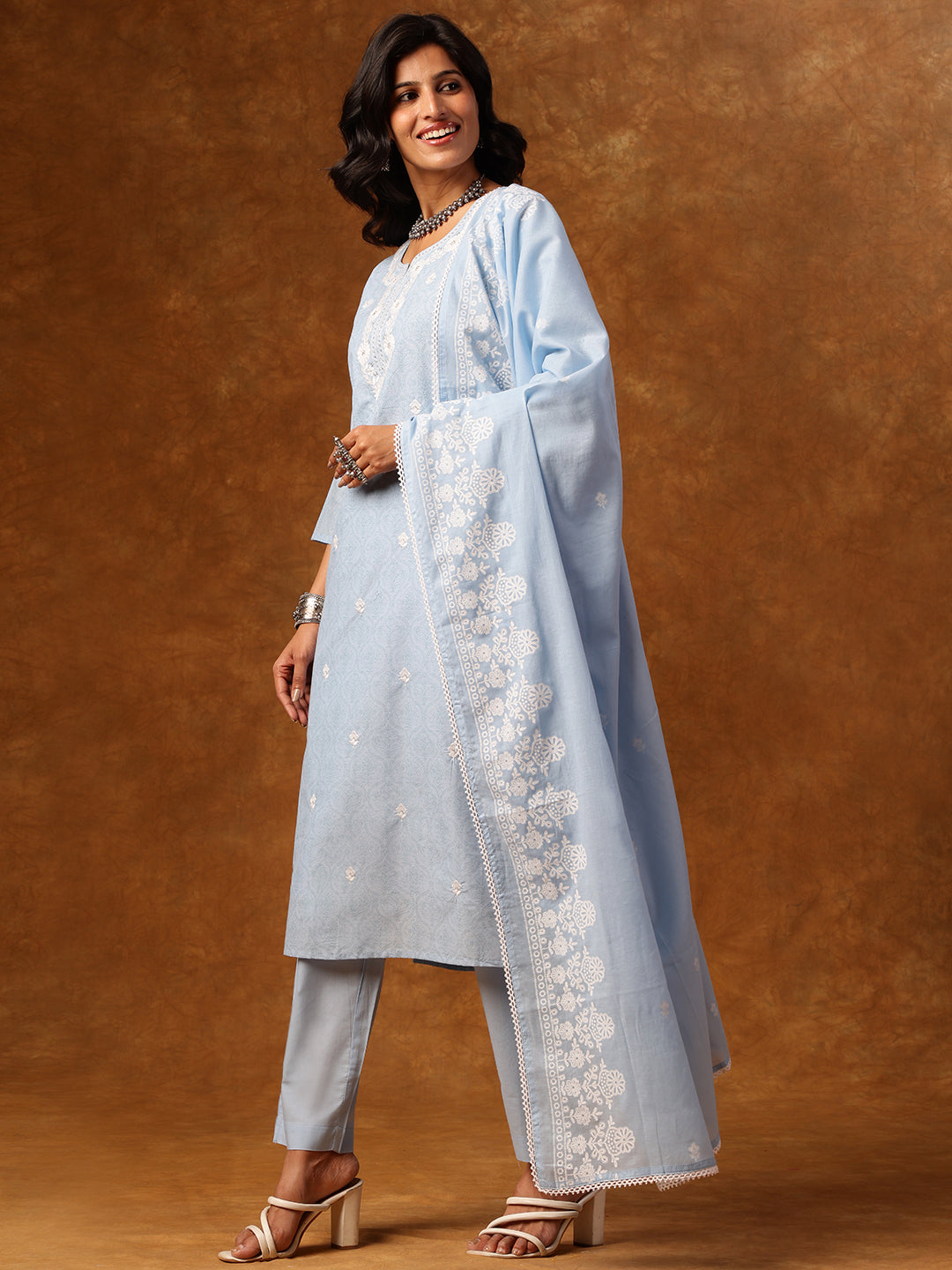 Elegant Sky-Blue Embroidered Cotton Salwar Suit Set