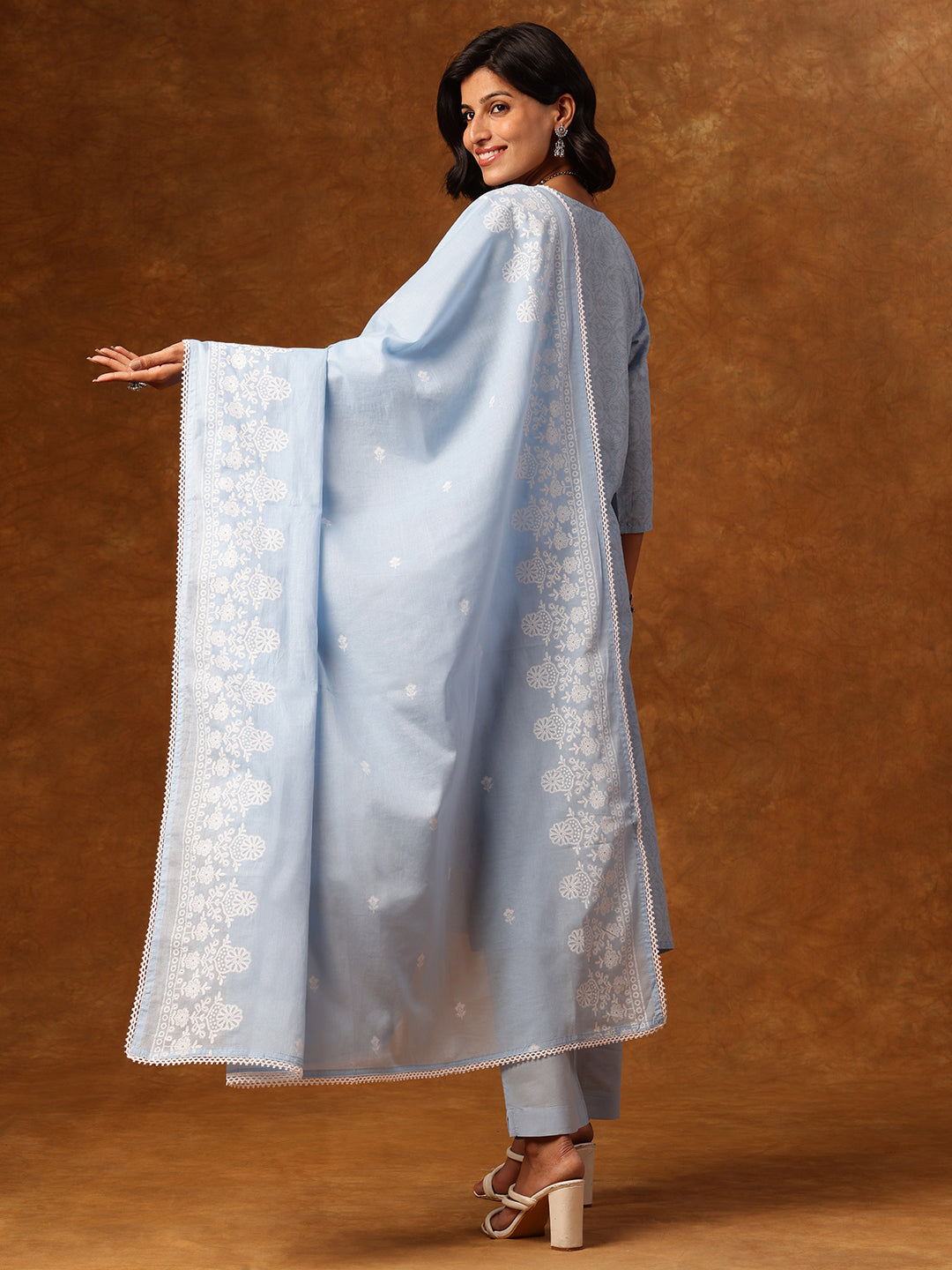 Elegant Sky-Blue Embroidered Cotton Salwar Suit Set