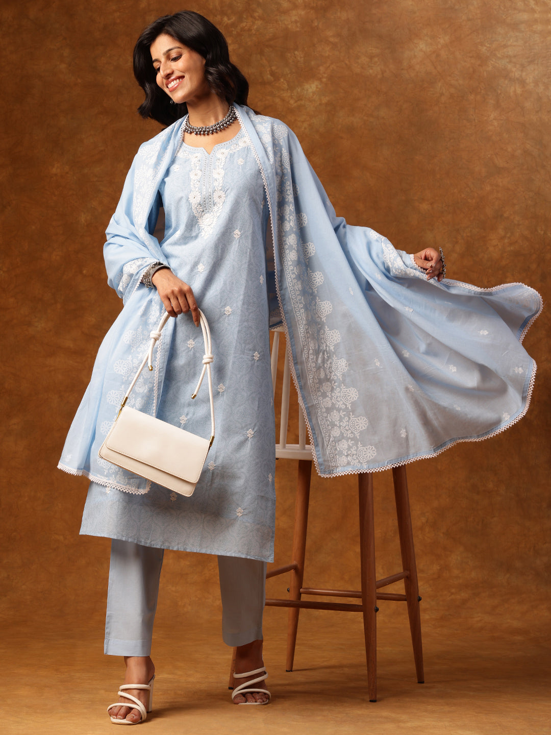 Elegant Sky-Blue Embroidered Cotton Salwar Suit Set