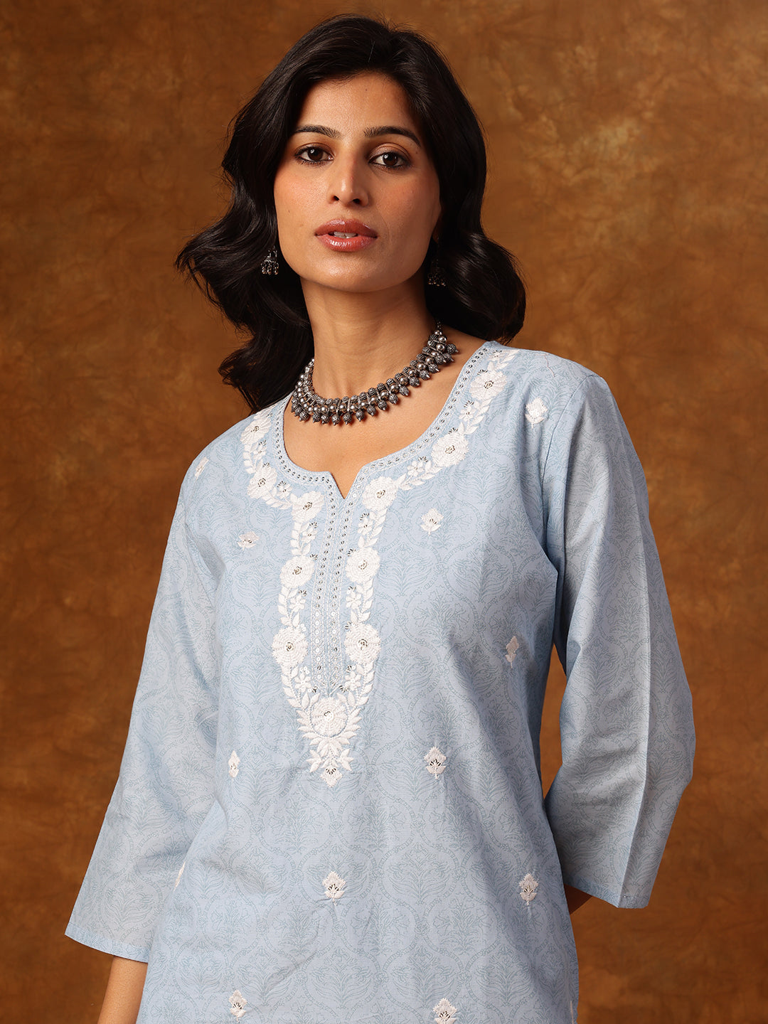 Elegant Sky-Blue Embroidered Cotton Salwar Suit Set
