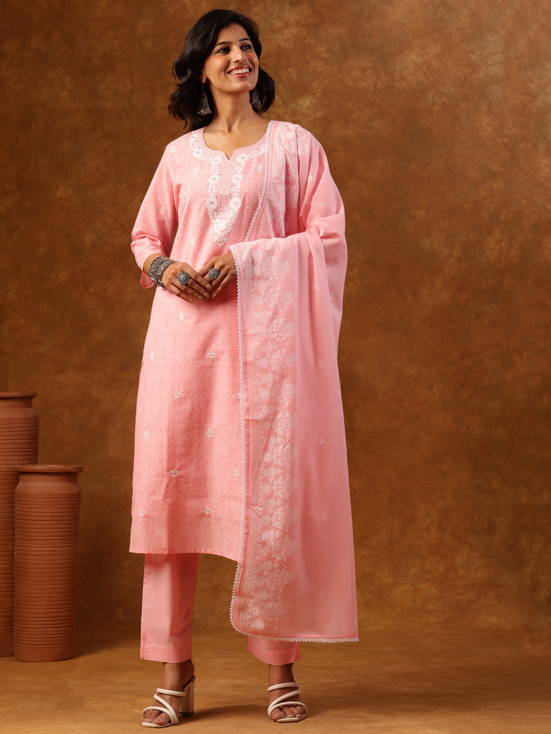 Pastel Pink Embroidered Cotton Kurta Set with Dupatta