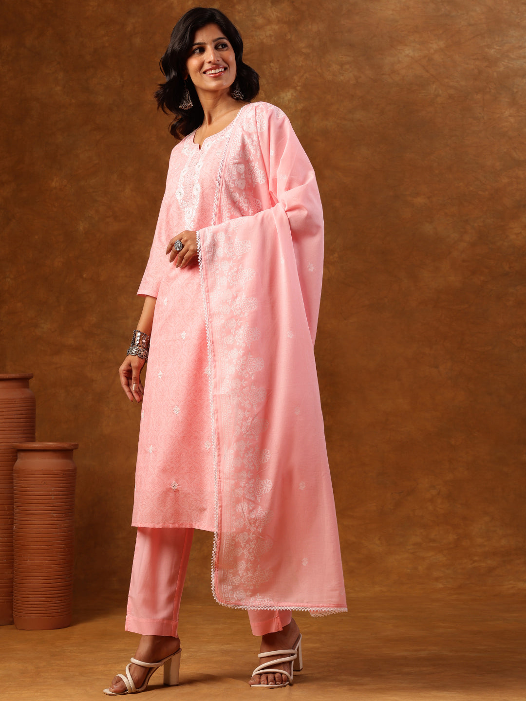 Pastel Pink Embroidered Cotton Kurta Set with Dupatta