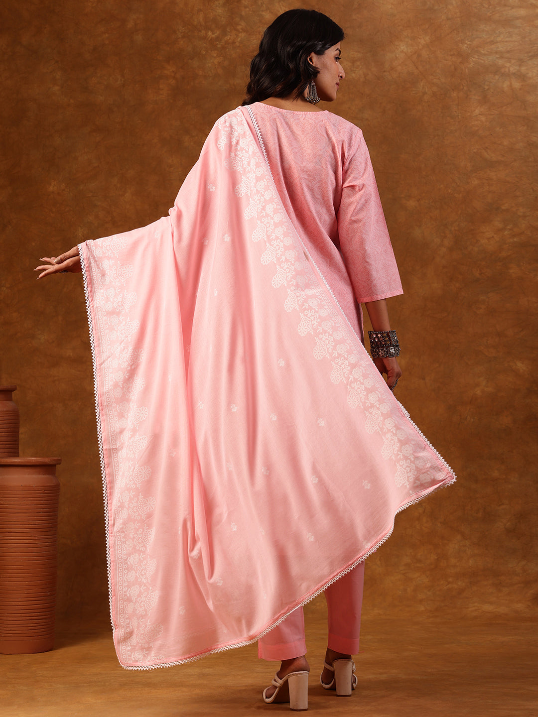 Pastel Pink Embroidered Cotton Kurta Set with Dupatta