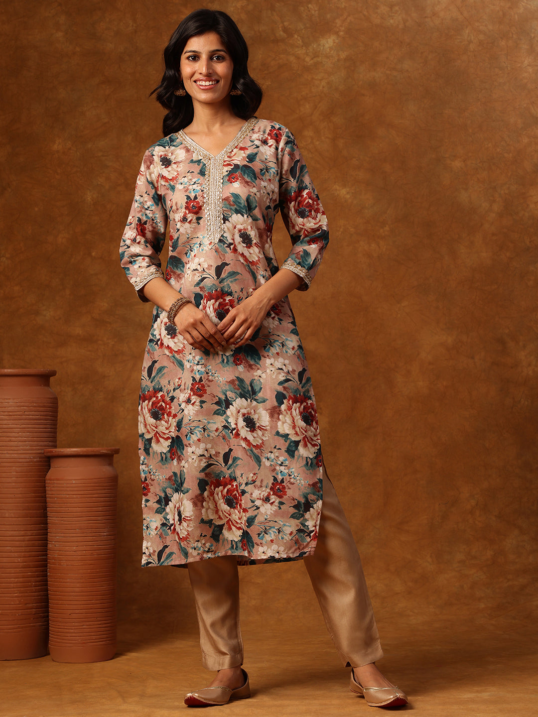 Timeless Elegance - Floral Printed Straight Kurta with V-neckline