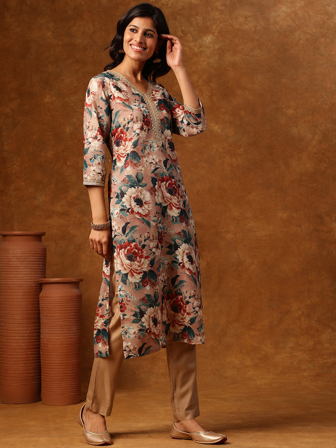 Timeless Elegance - Floral Printed Straight Kurta with V-neckline