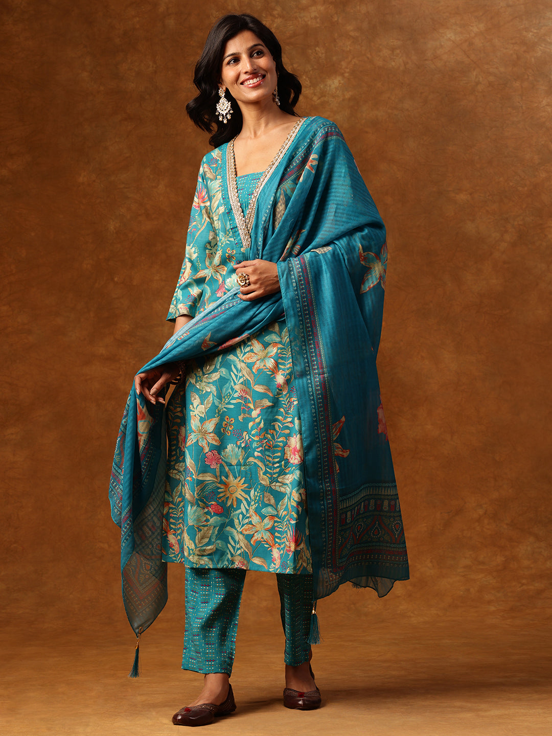 Teal Blue Floral Printed Kurta Set with Embellished Neckline & Dupatta
