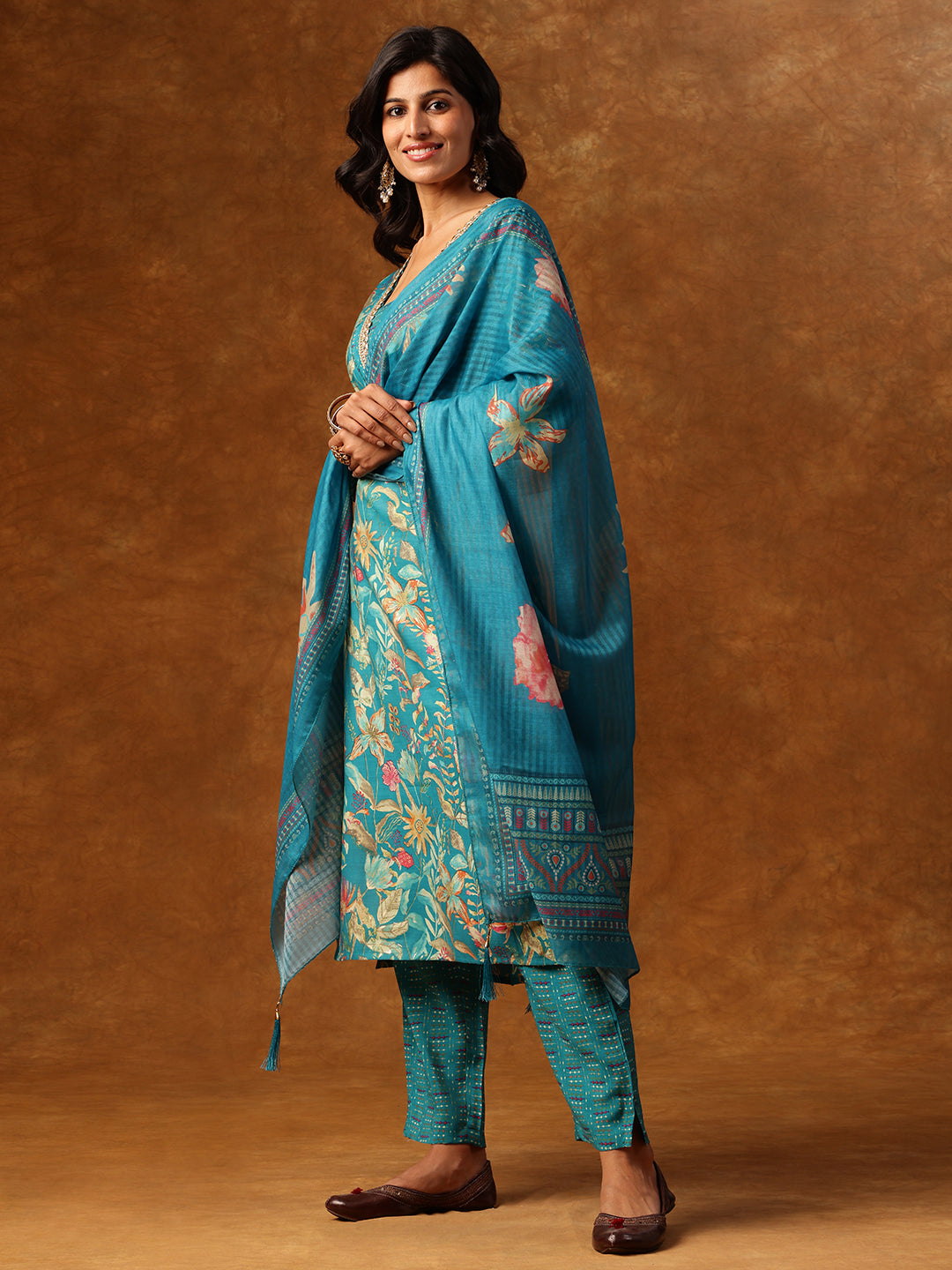 Teal Blue Floral Printed Kurta Set with Embellished Neckline & Dupatta
