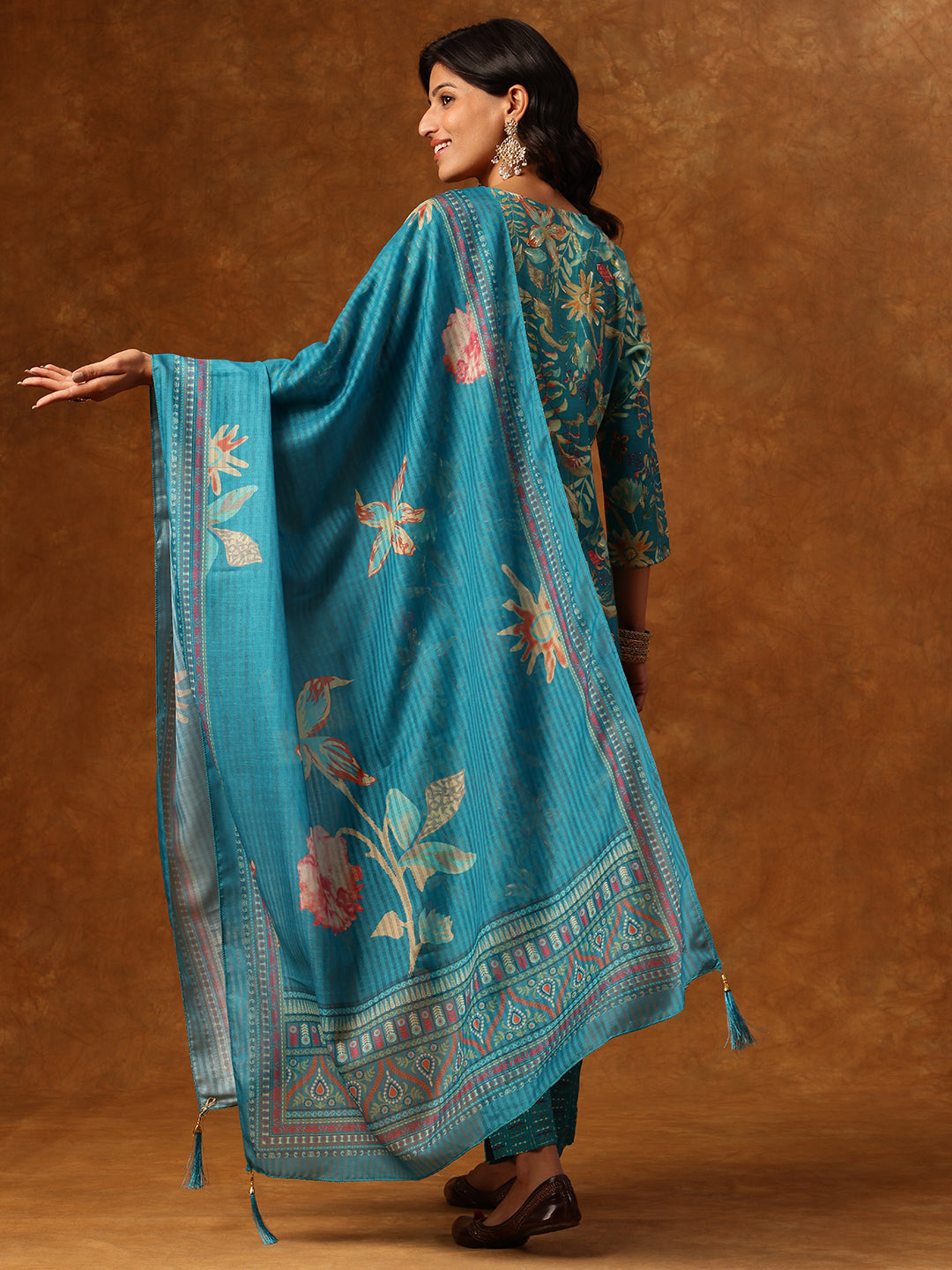 Teal Blue Floral Printed Kurta Set with Embellished Neckline & Dupatta
