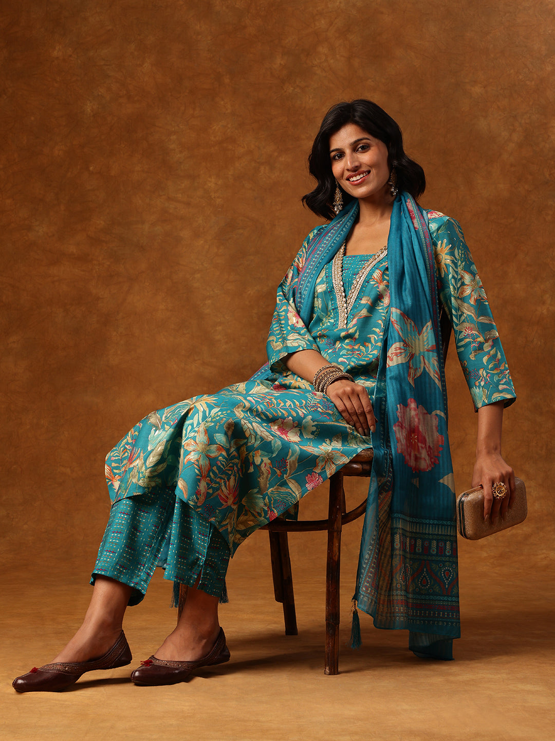 Teal Blue Floral Printed Kurta Set with Embellished Neckline & Dupatta