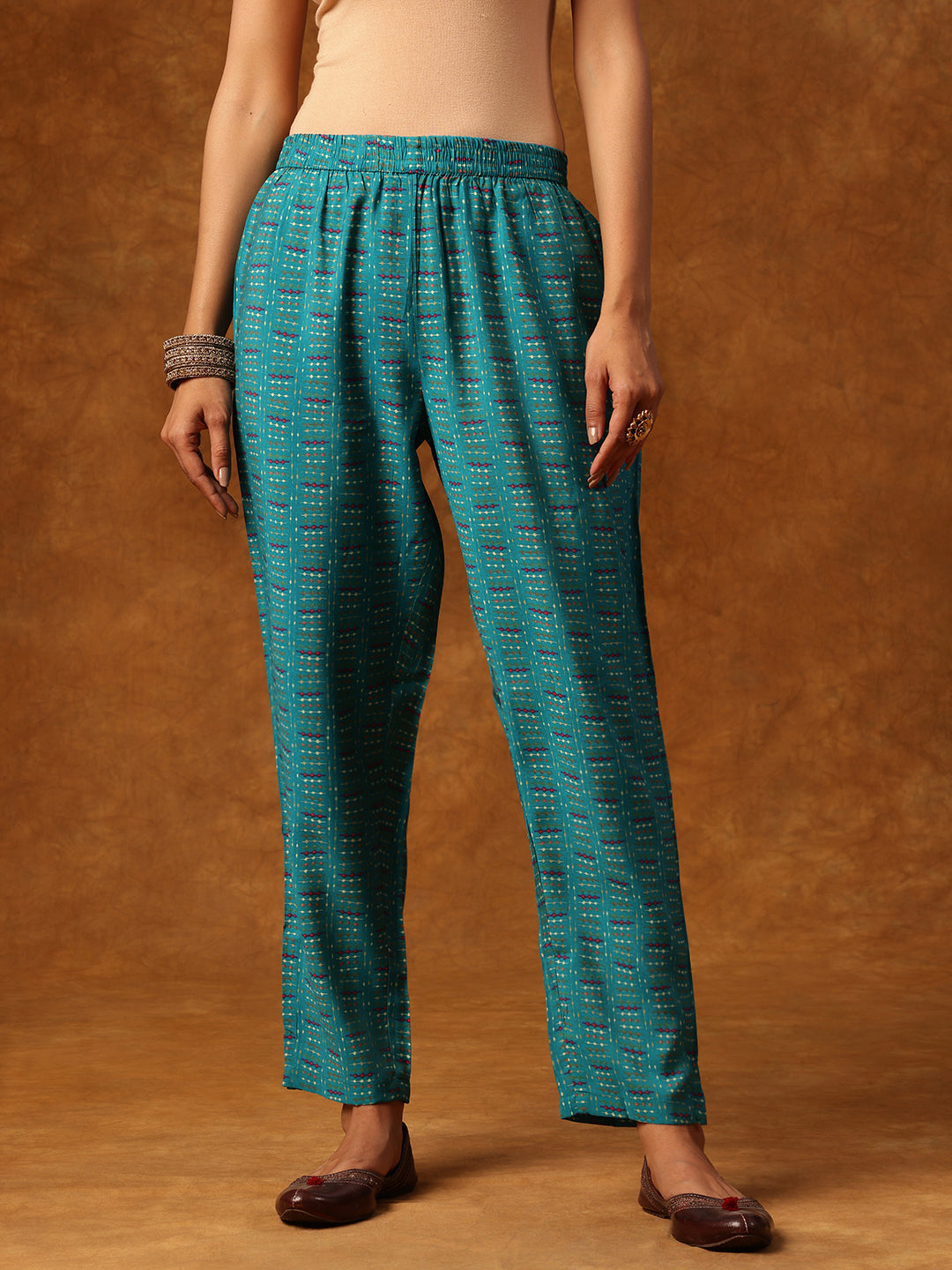 Teal Blue Floral Printed Kurta Set with Embellished Neckline & Dupatta