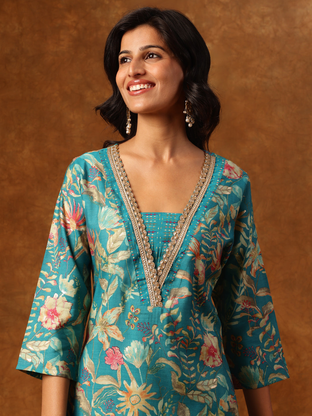 Teal Blue Floral Printed Kurta Set with Embellished Neckline & Dupatta
