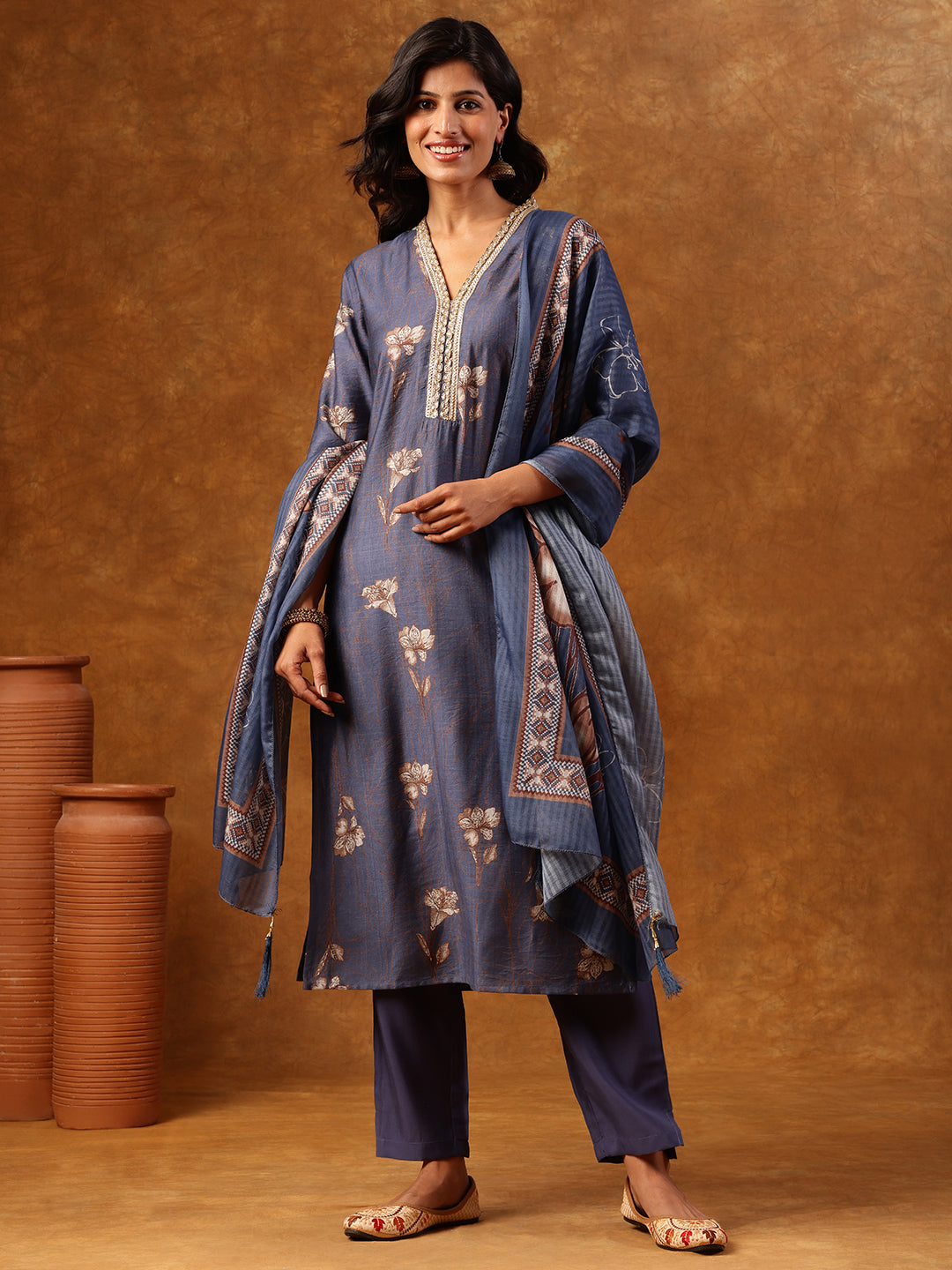 Blue Floral Printed Silk Blend Kurta Set with Dupatta