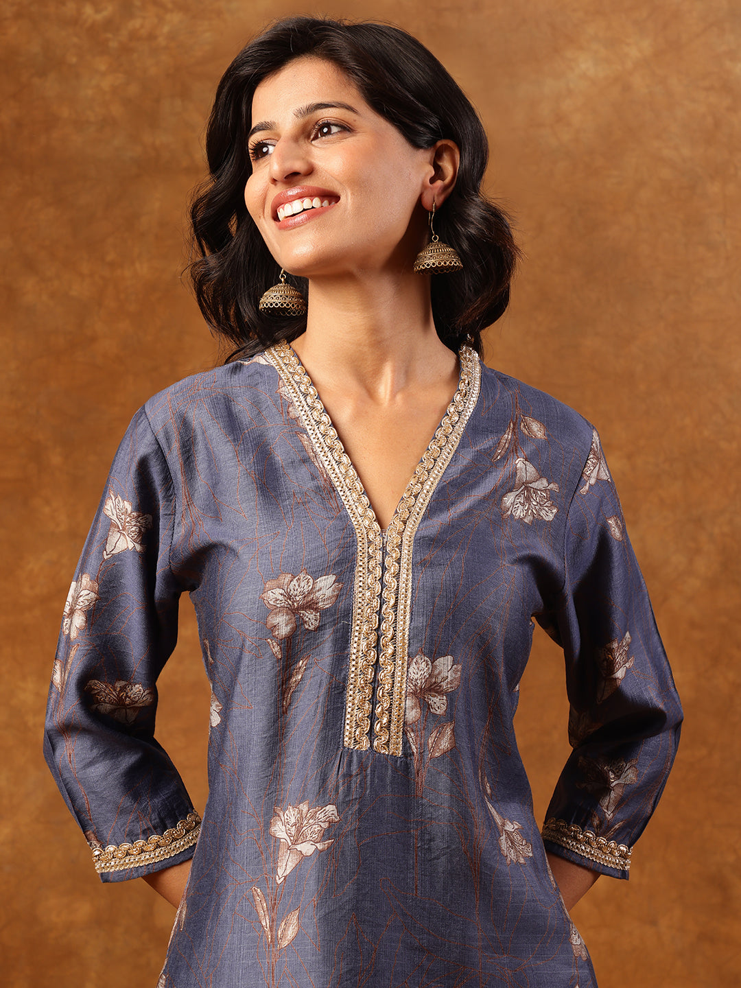Blue Floral Printed Silk Blend Kurta Set with Dupatta