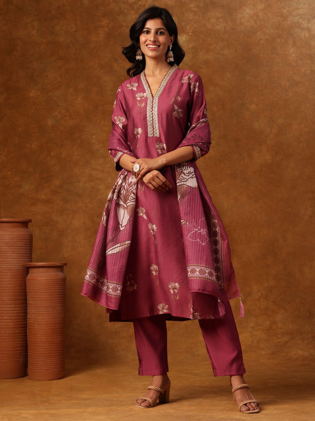 Wine Floral Printed Kurta Set with Dupatta