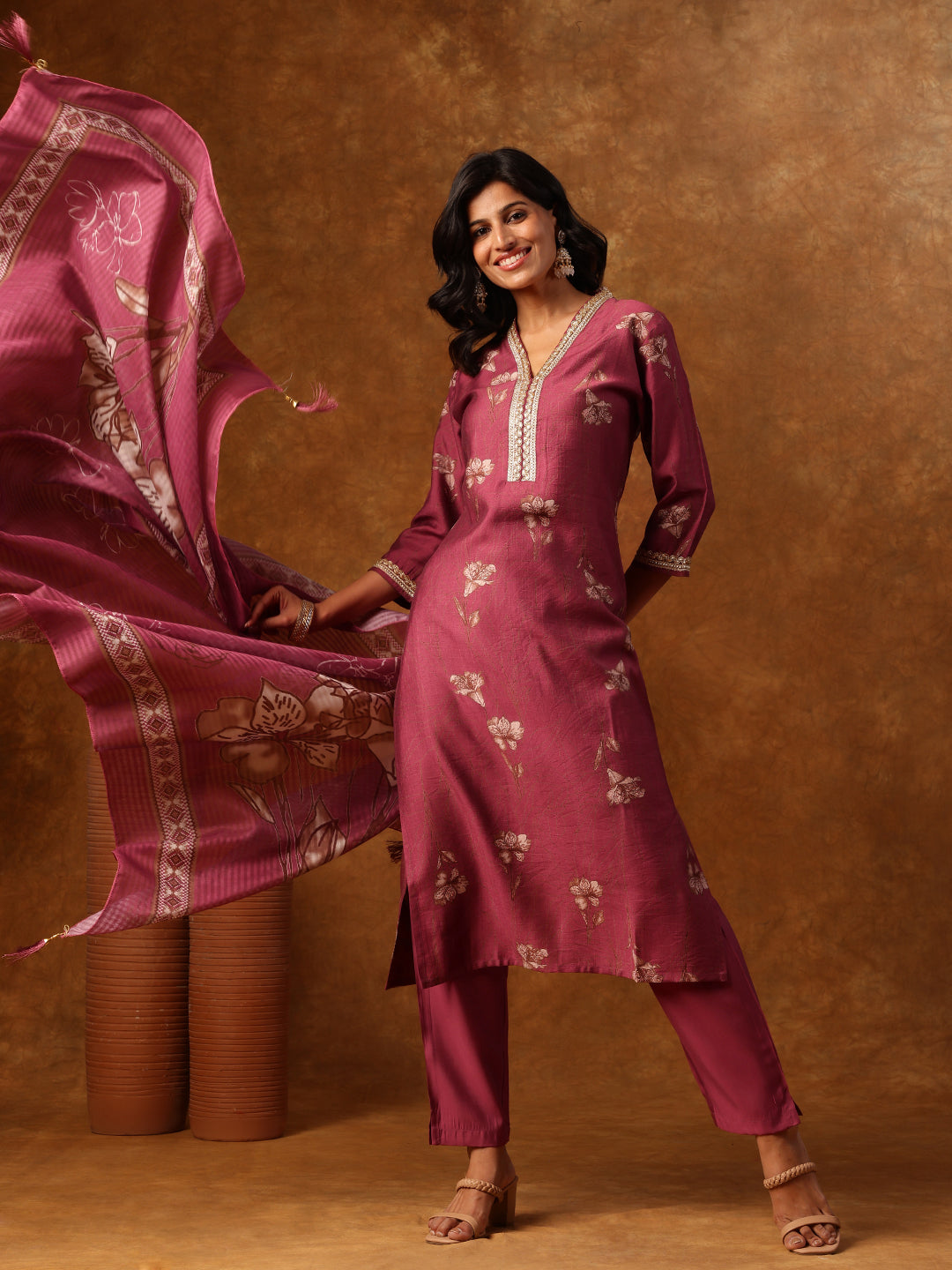Wine Floral Printed Kurta Set with Dupatta