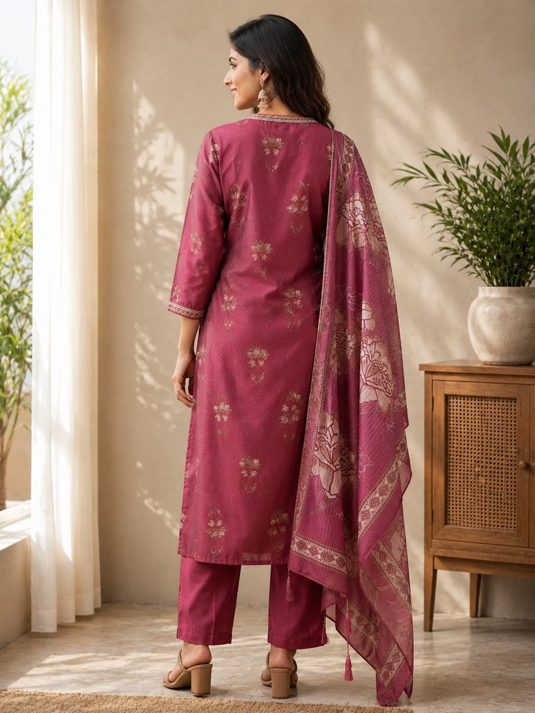 Wine Floral Printed Kurta Set with Dupatta