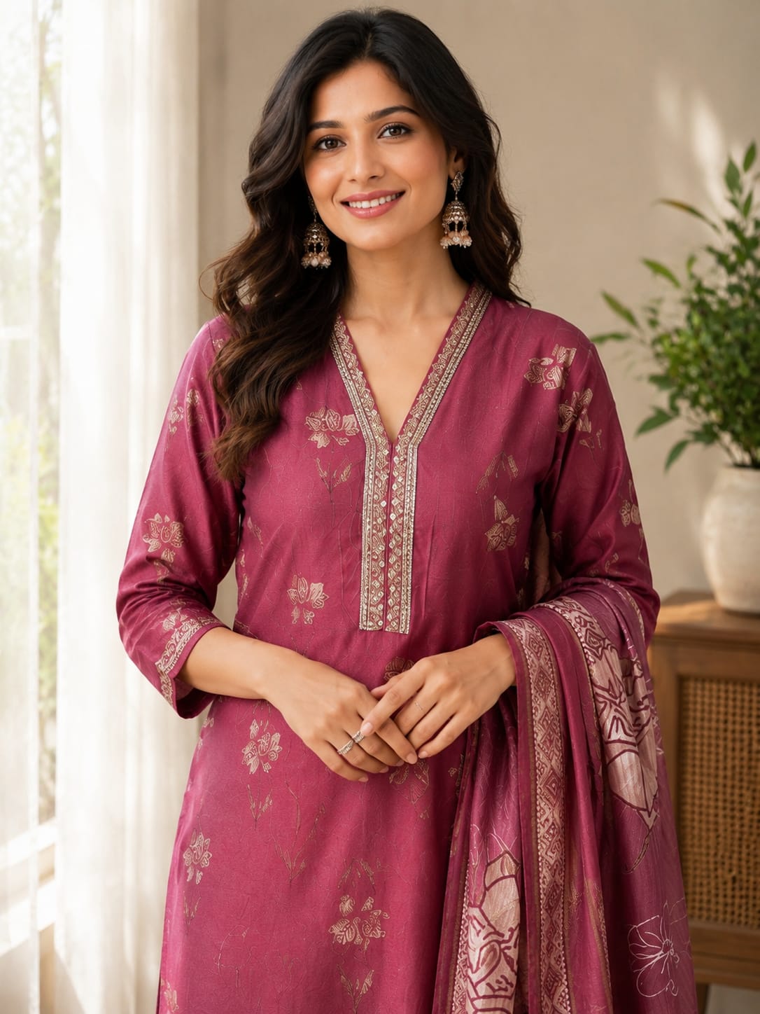 Wine Floral Printed Kurta Set with Dupatta