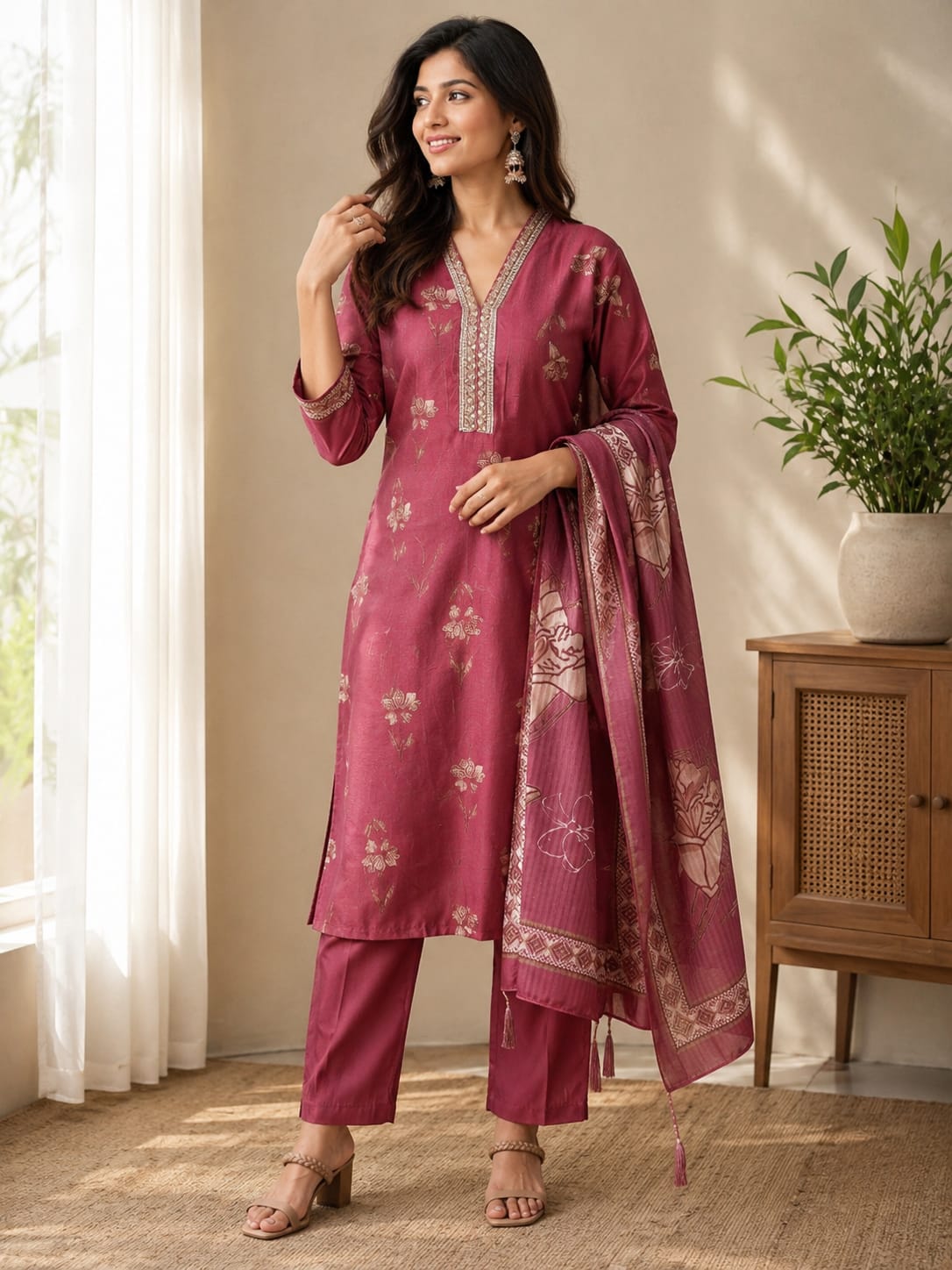 Wine Floral Printed Kurta Set with Dupatta