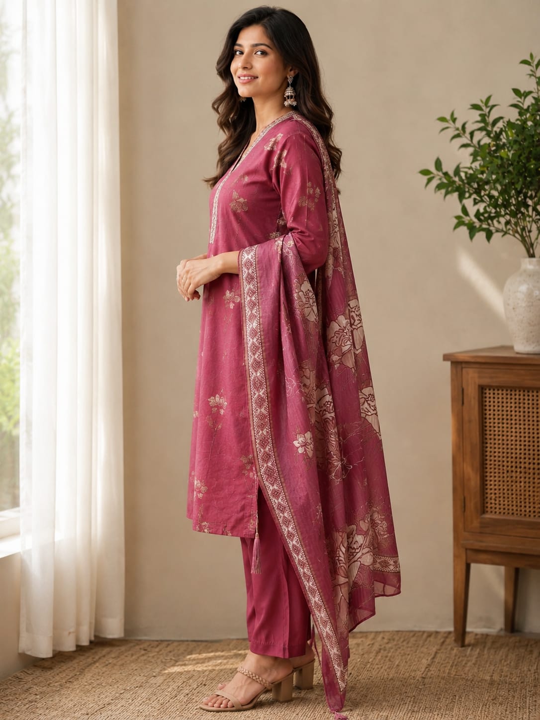 Wine Floral Printed Kurta Set with Dupatta