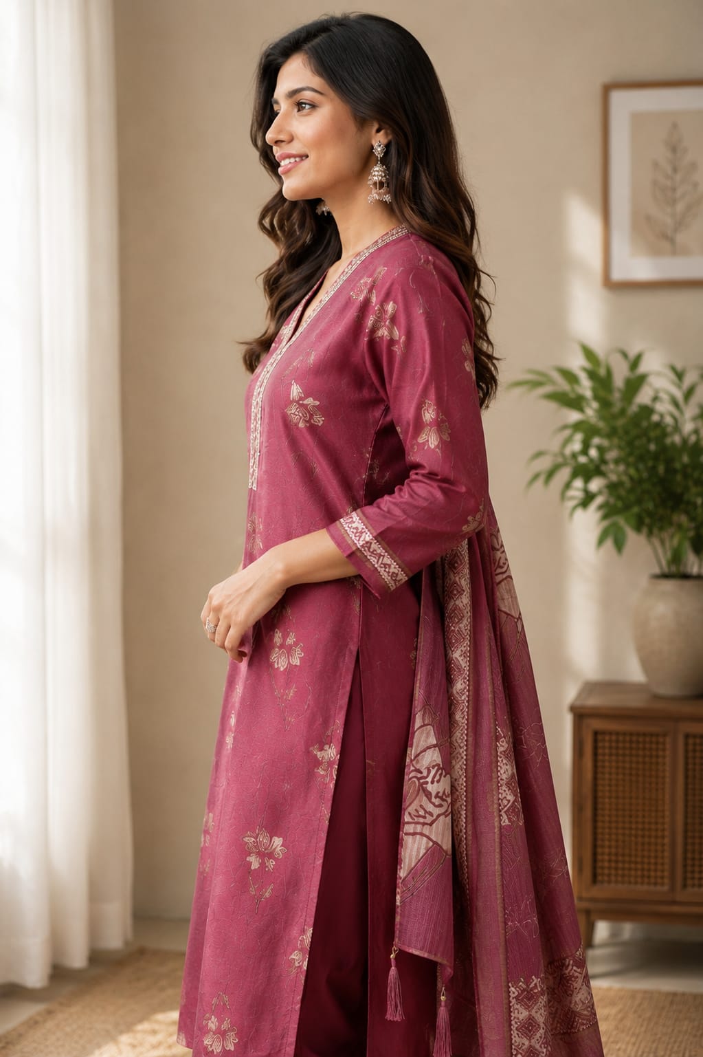 Wine Floral Printed Kurta Set with Dupatta