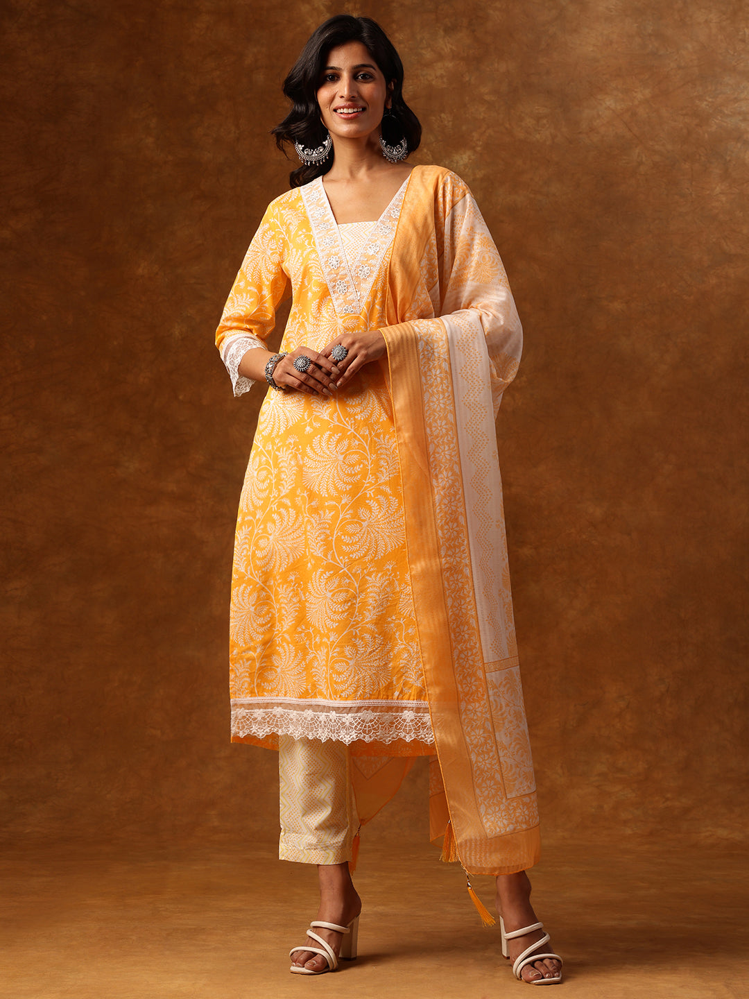 Elegant Yellow & White Floral Printed Cotton Kurta Set with Dupatta