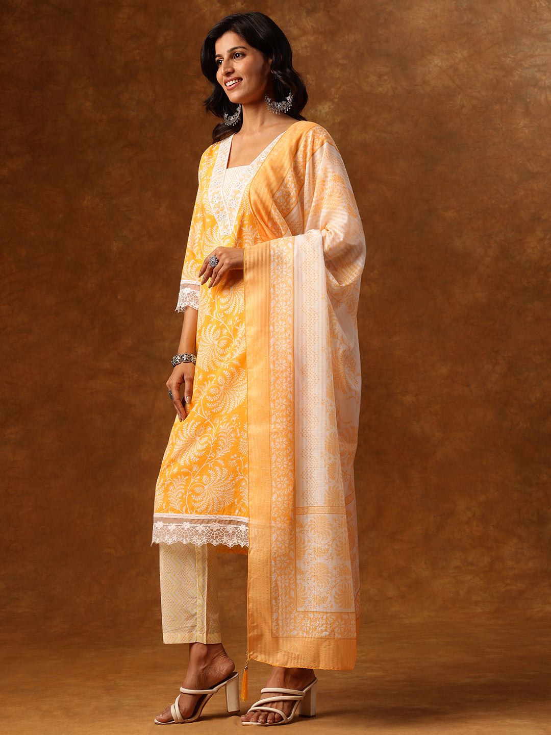 Elegant Yellow & White Floral Printed Cotton Kurta Set with Dupatta