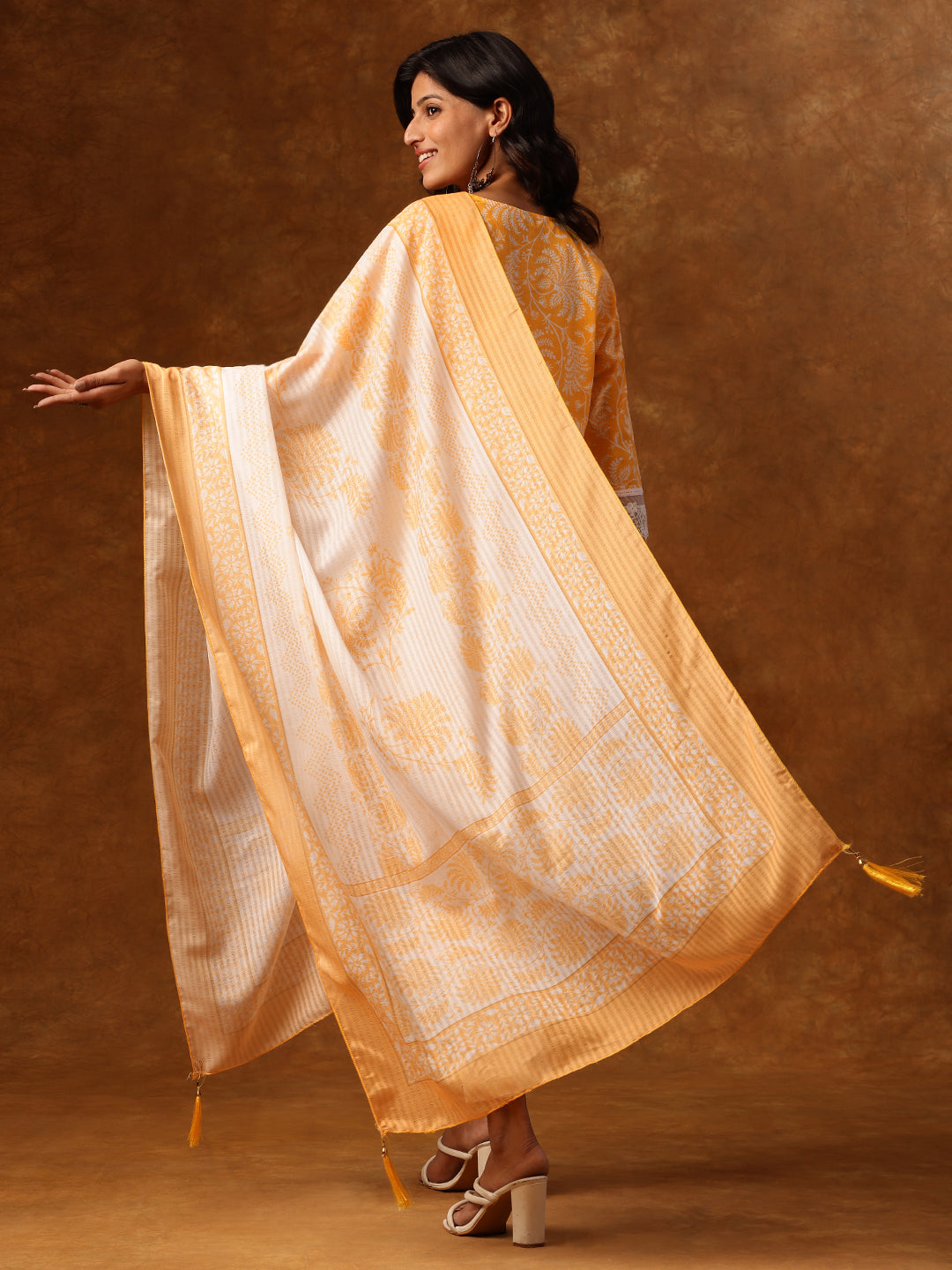 Elegant Yellow & White Floral Printed Cotton Kurta Set with Dupatta