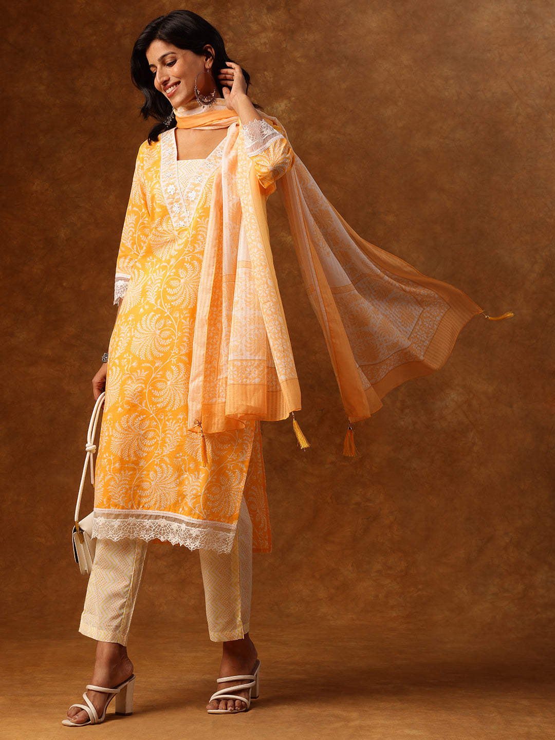 Elegant Yellow & White Floral Printed Cotton Kurta Set with Dupatta