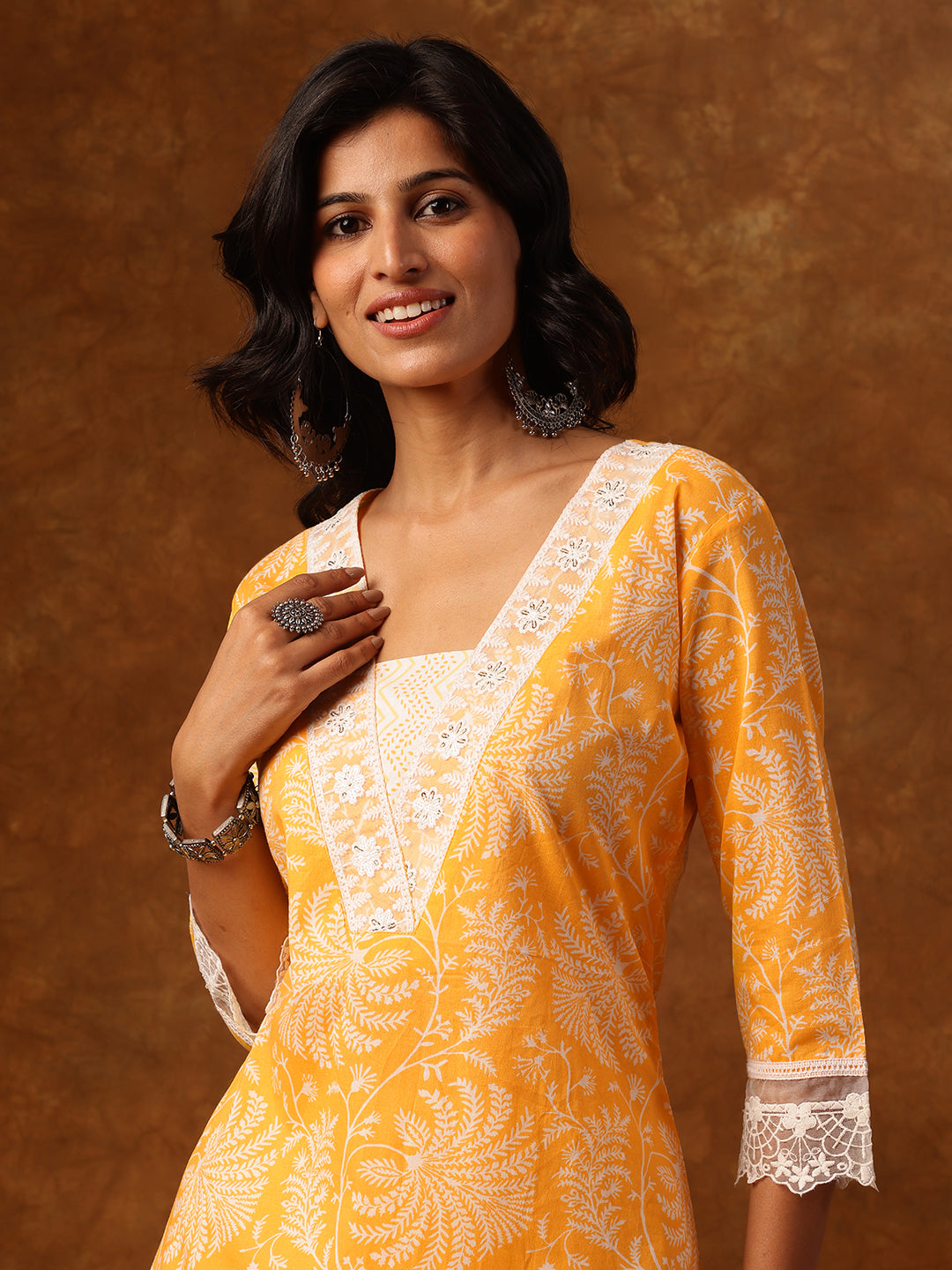 Elegant Yellow & White Floral Printed Cotton Kurta Set with Dupatta