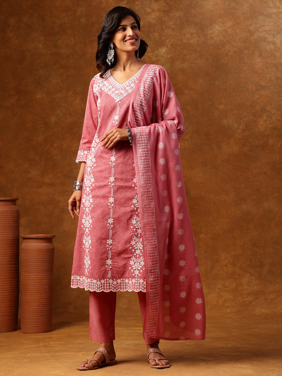 Elegant Pink Cotton Embroidered Kurti Set with Dupatta