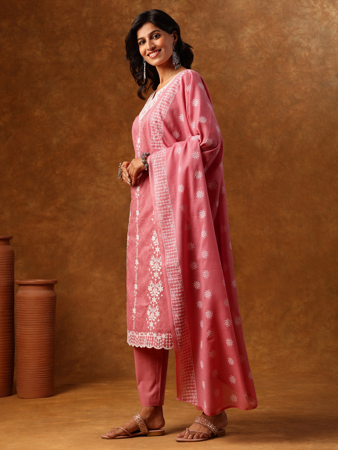 Elegant Pink Cotton Embroidered Kurti Set with Dupatta
