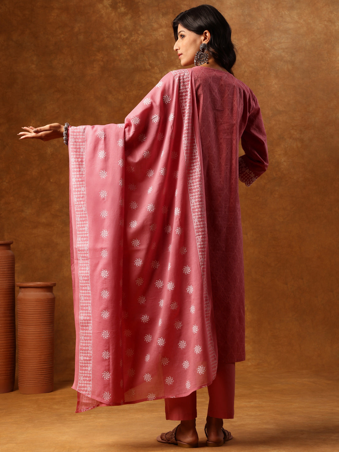 Elegant Pink Cotton Embroidered Kurti Set with Dupatta