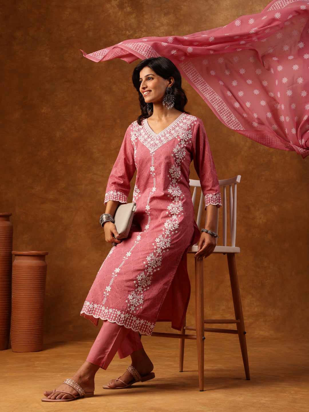 Elegant Pink Cotton Embroidered Kurti Set with Dupatta
