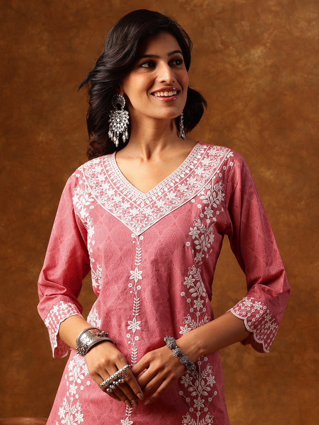 Elegant Pink Cotton Embroidered Kurti Set with Dupatta