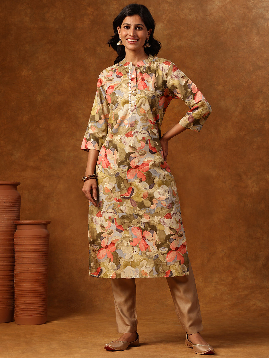 Green Floral Printed Straight Kurta
