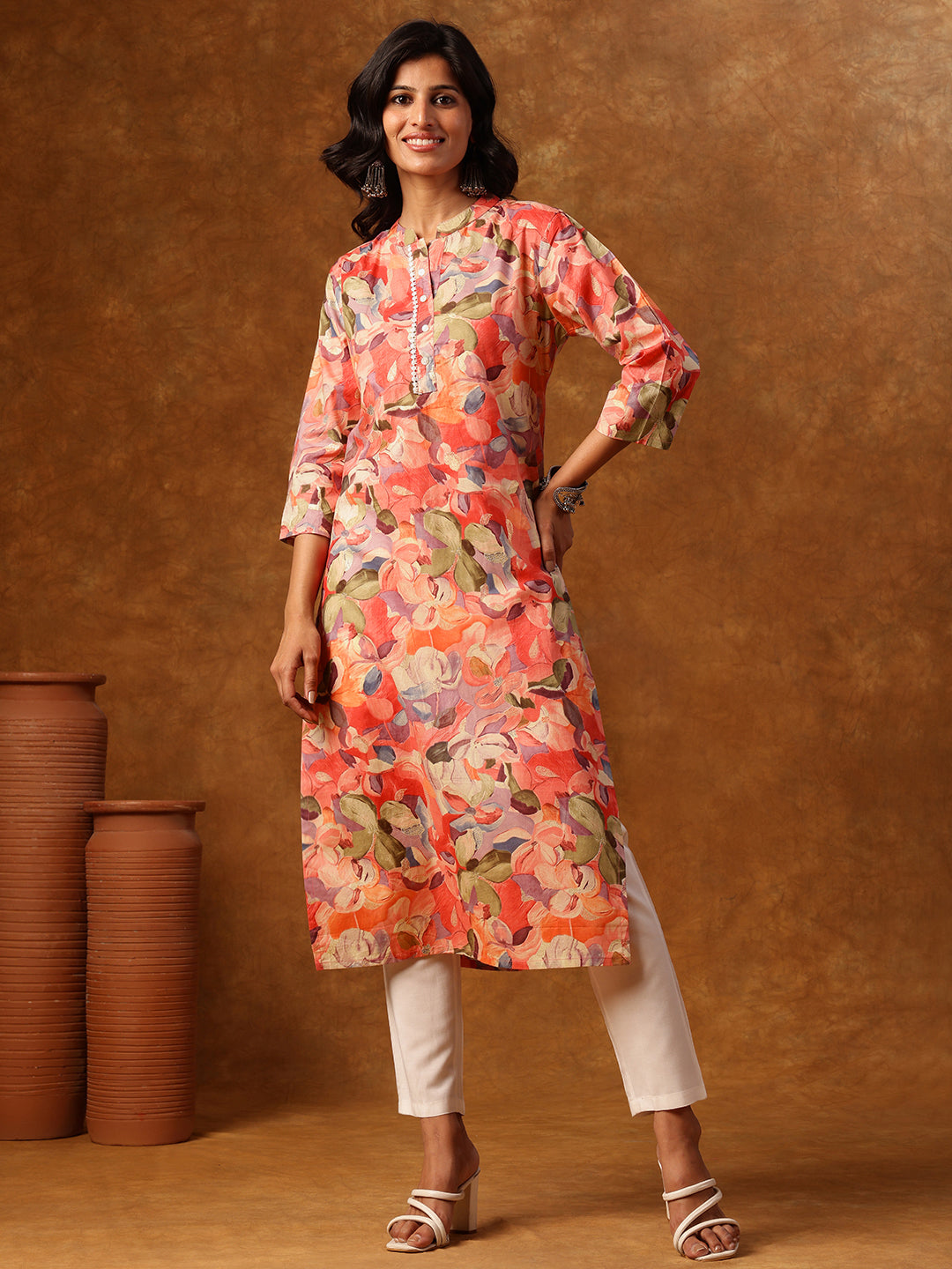 Pink Floral Printed Straight Kurta
