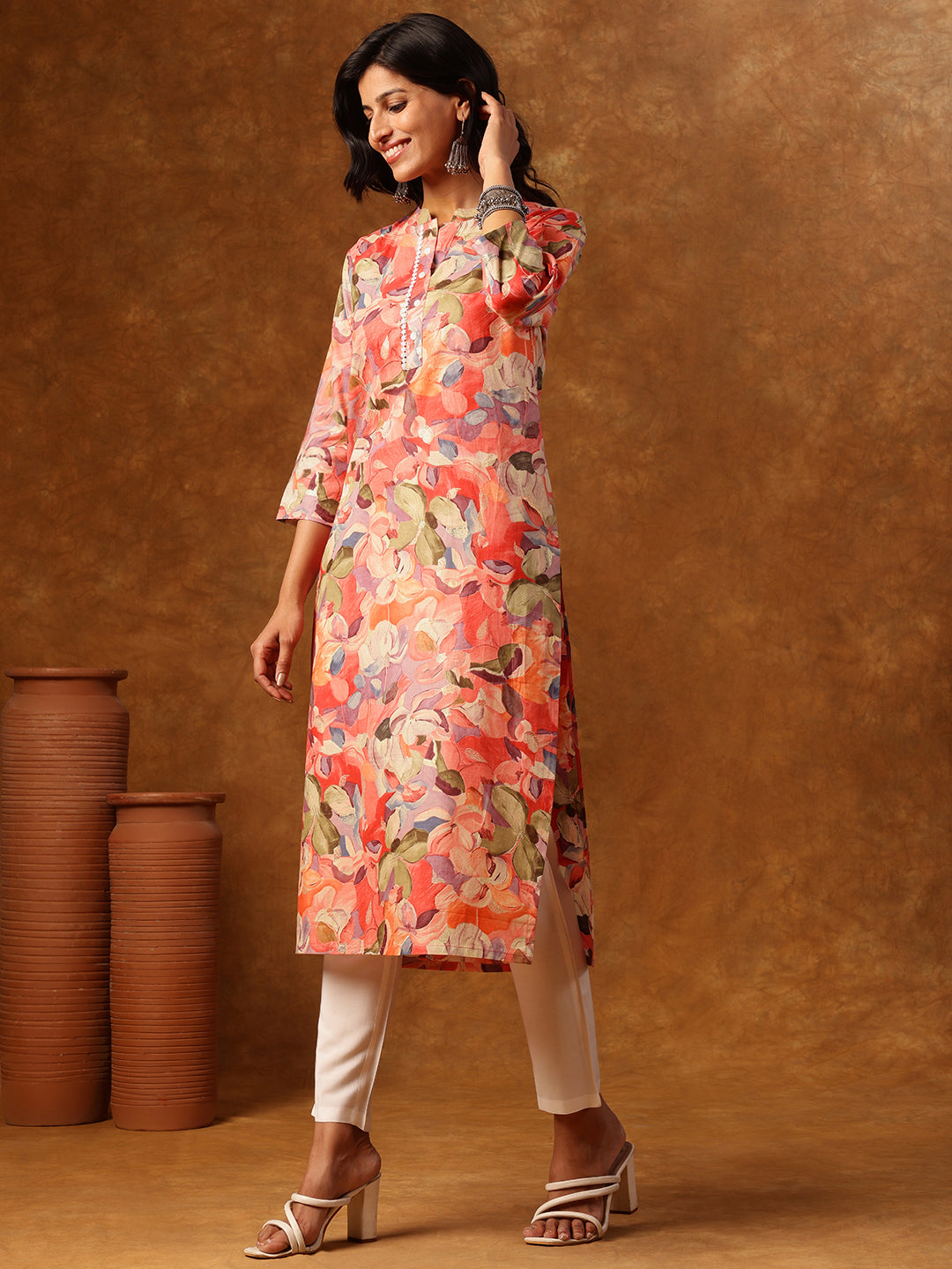 Pink Floral Printed Straight Kurta