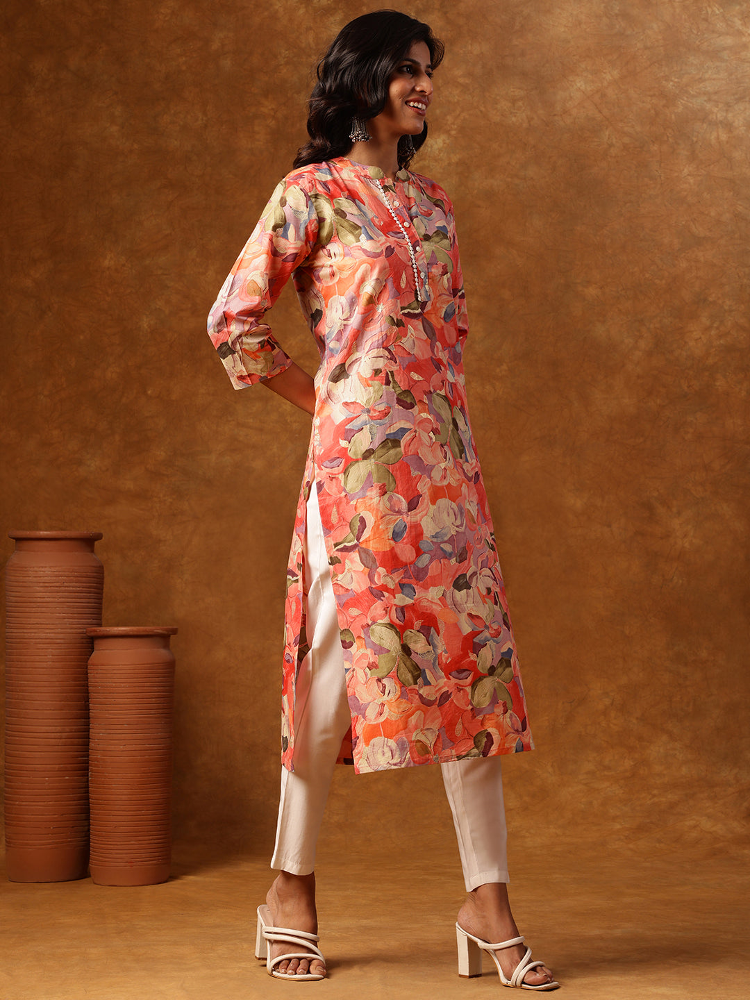 Pink Floral Printed Straight Kurta