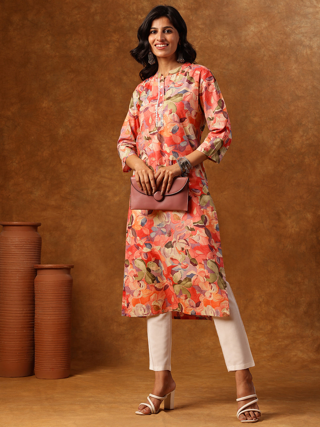 Pink Floral Printed Straight Kurta