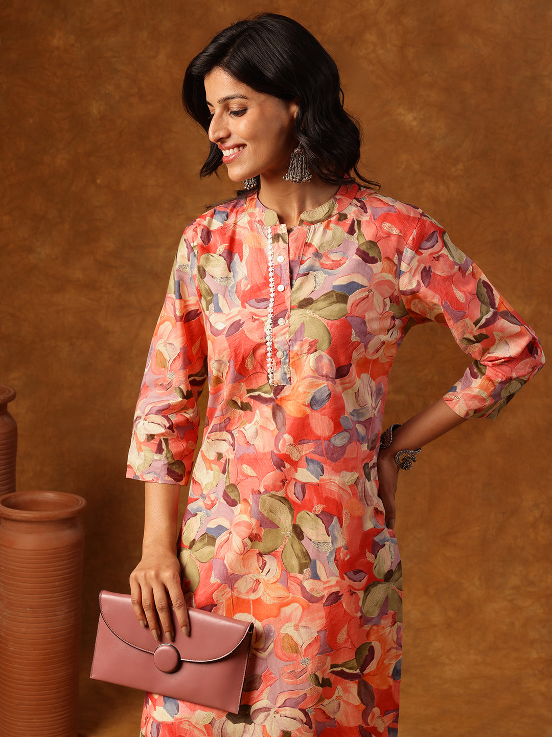 Pink Floral Printed Straight Kurta