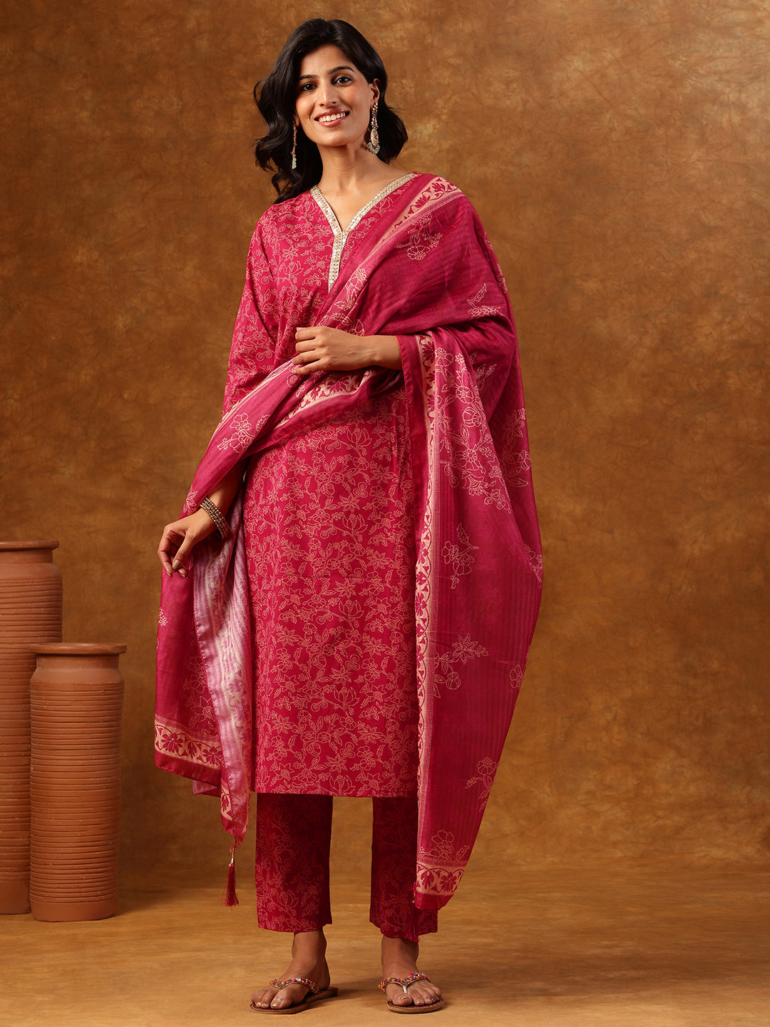 Elegant Pink Floral Printed Cotton Kurta Set with Dupatta
