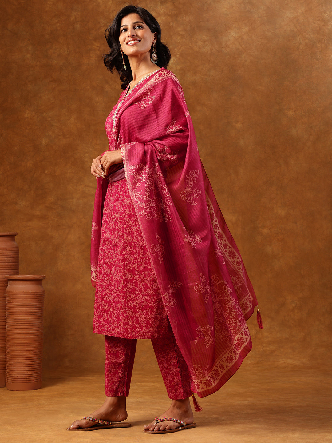 Elegant Pink Floral Printed Cotton Kurta Set with Dupatta