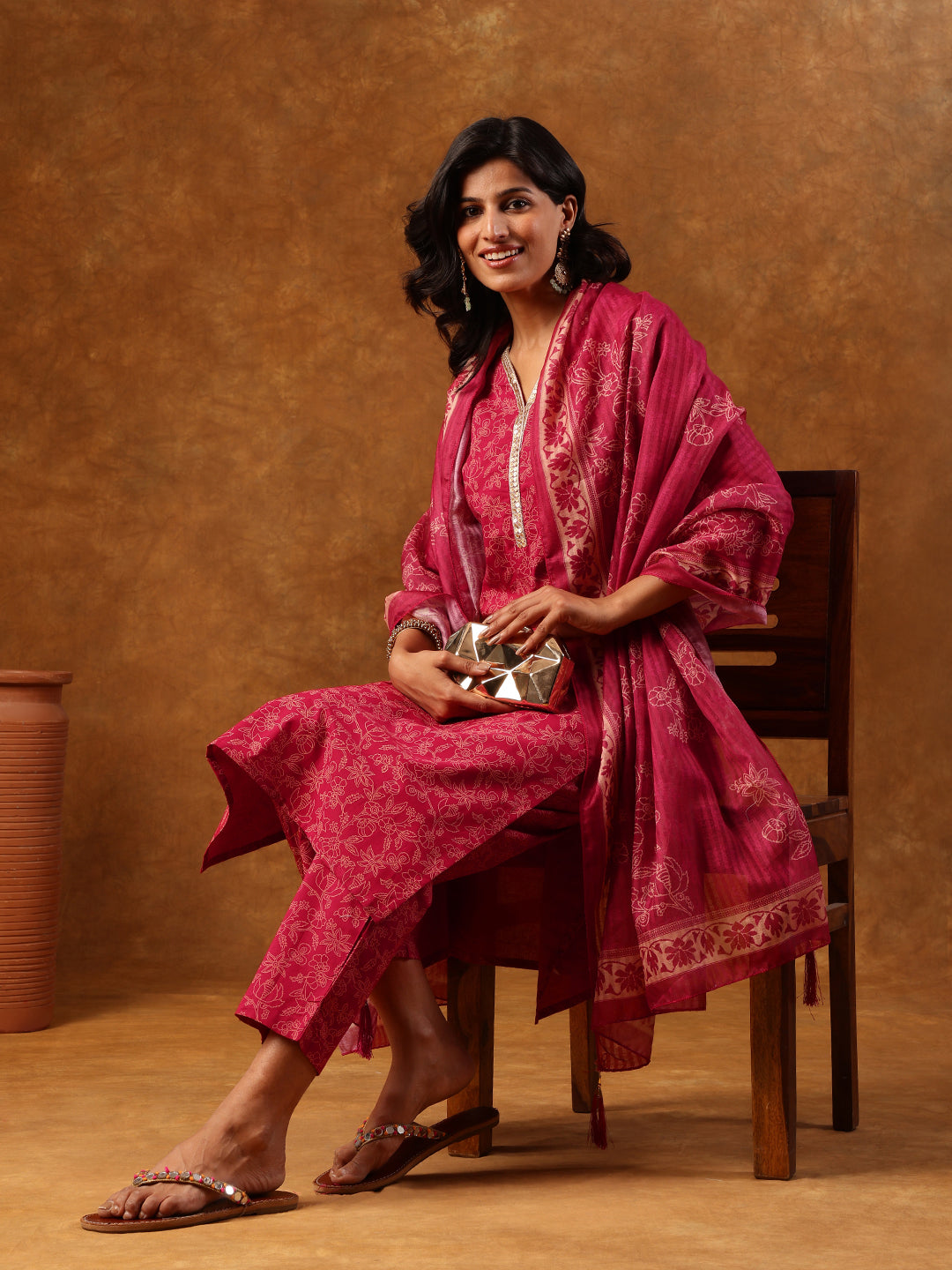 Elegant Pink Floral Printed Cotton Kurta Set with Dupatta