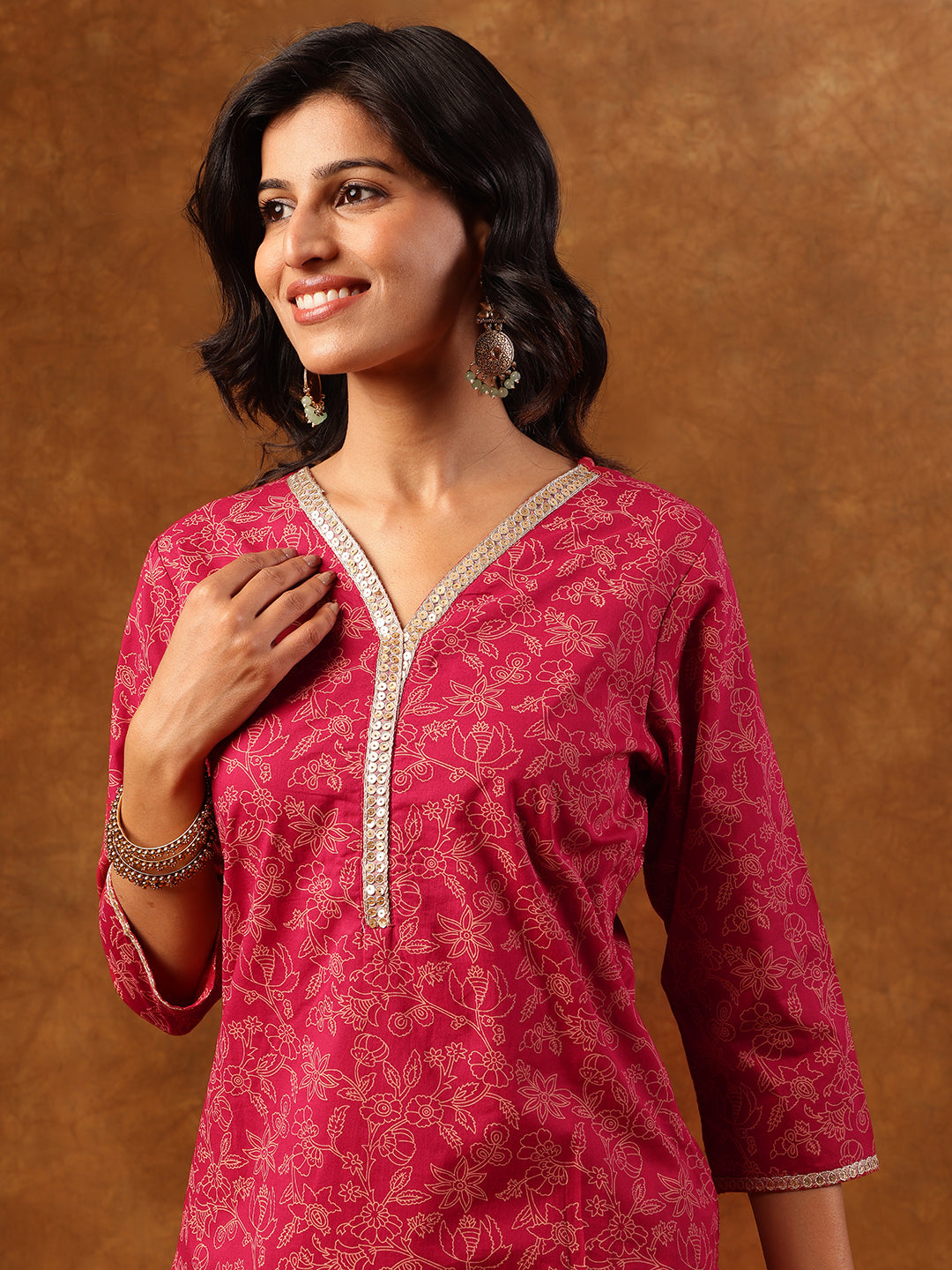 Elegant Pink Floral Printed Cotton Kurta Set with Dupatta