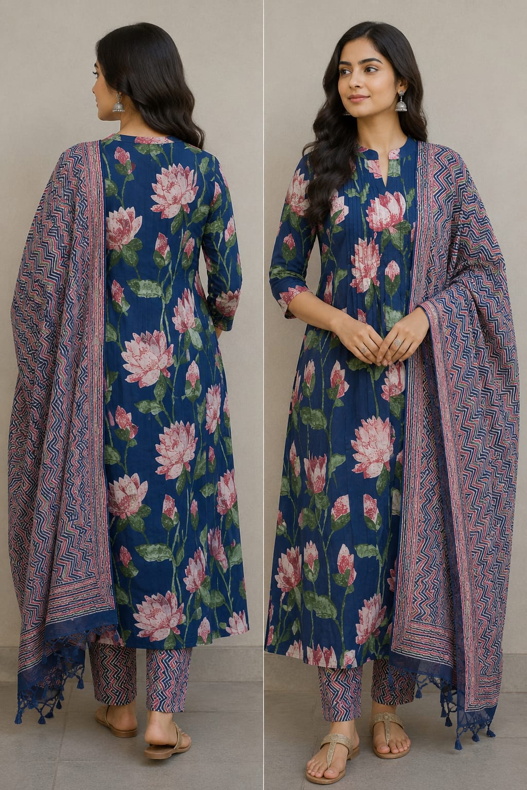 Blue Floral Printed Cotton Kurta Set with Pintuck Detail