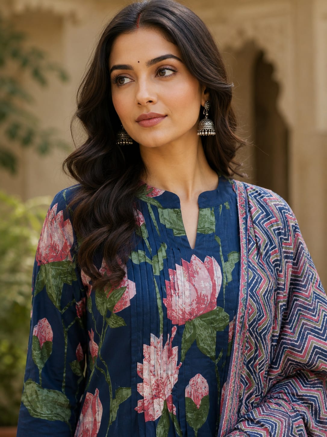 Blue Floral Printed Cotton Kurta Set with Pintuck Detail