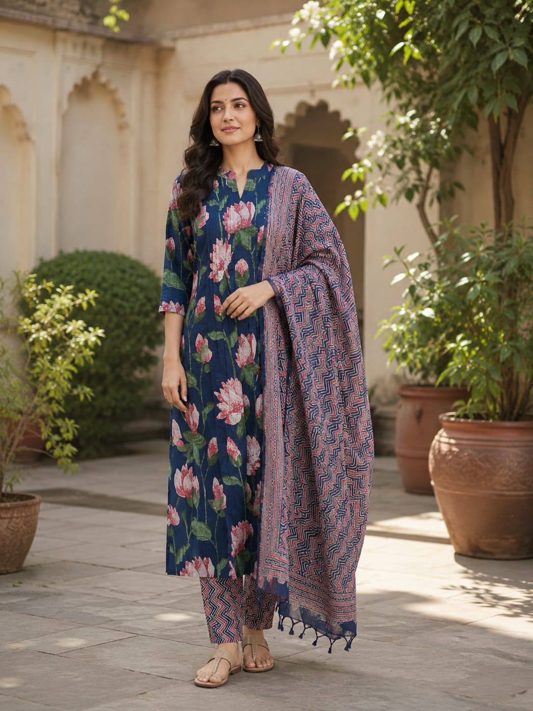 Blue Floral Printed Cotton Kurta Set with Pintuck Detail