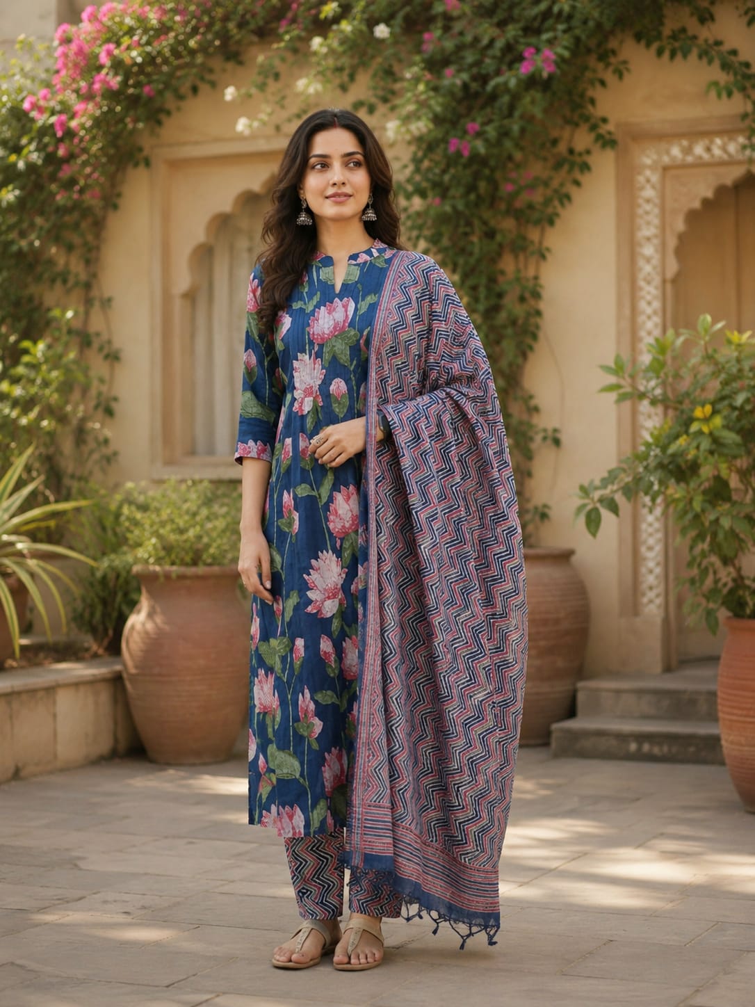 Blue Floral Printed Cotton Kurta Set with Pintuck Detail