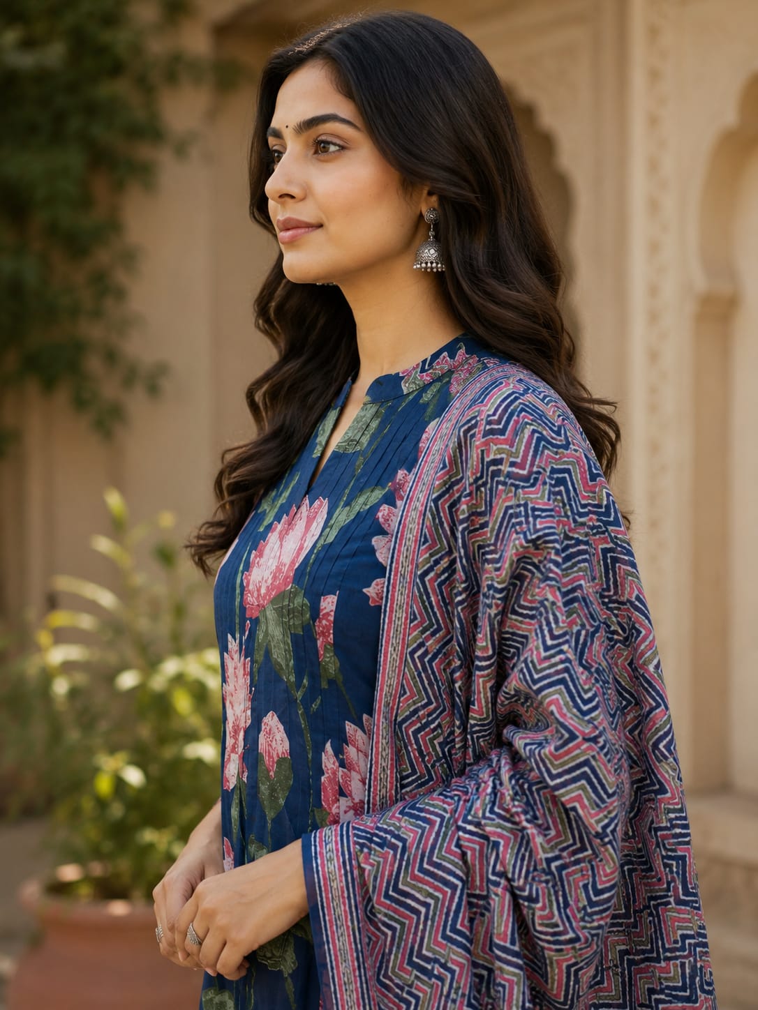 Blue Floral Printed Cotton Kurta Set with Pintuck Detail